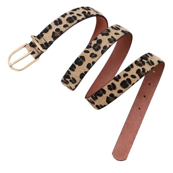 Leopard Belt Faux Animal Hair Suede Leather Back 1” Gold-tone Buckle 25”-33” - Picture 4 of 7